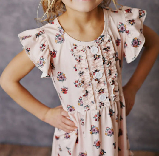 Kids Pink Botanical Ruffle Dress