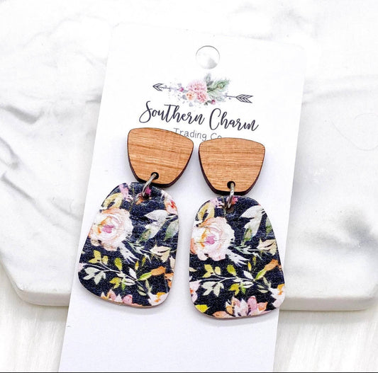 Wood & Black Floral Earrings