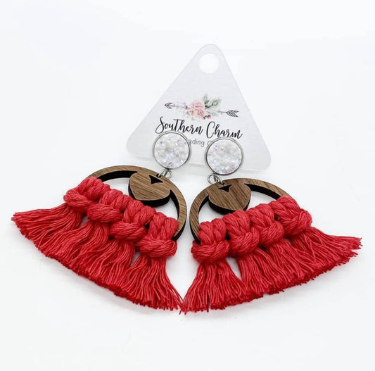 Red Macrame Heart Earrings