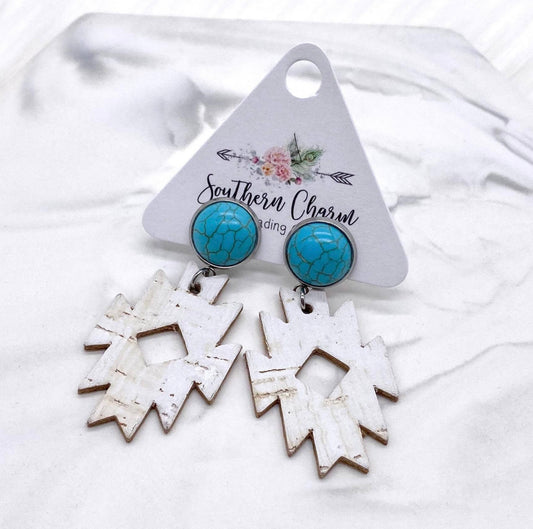 Blue Turquoise & White Linen Lil' Aztec Earrings