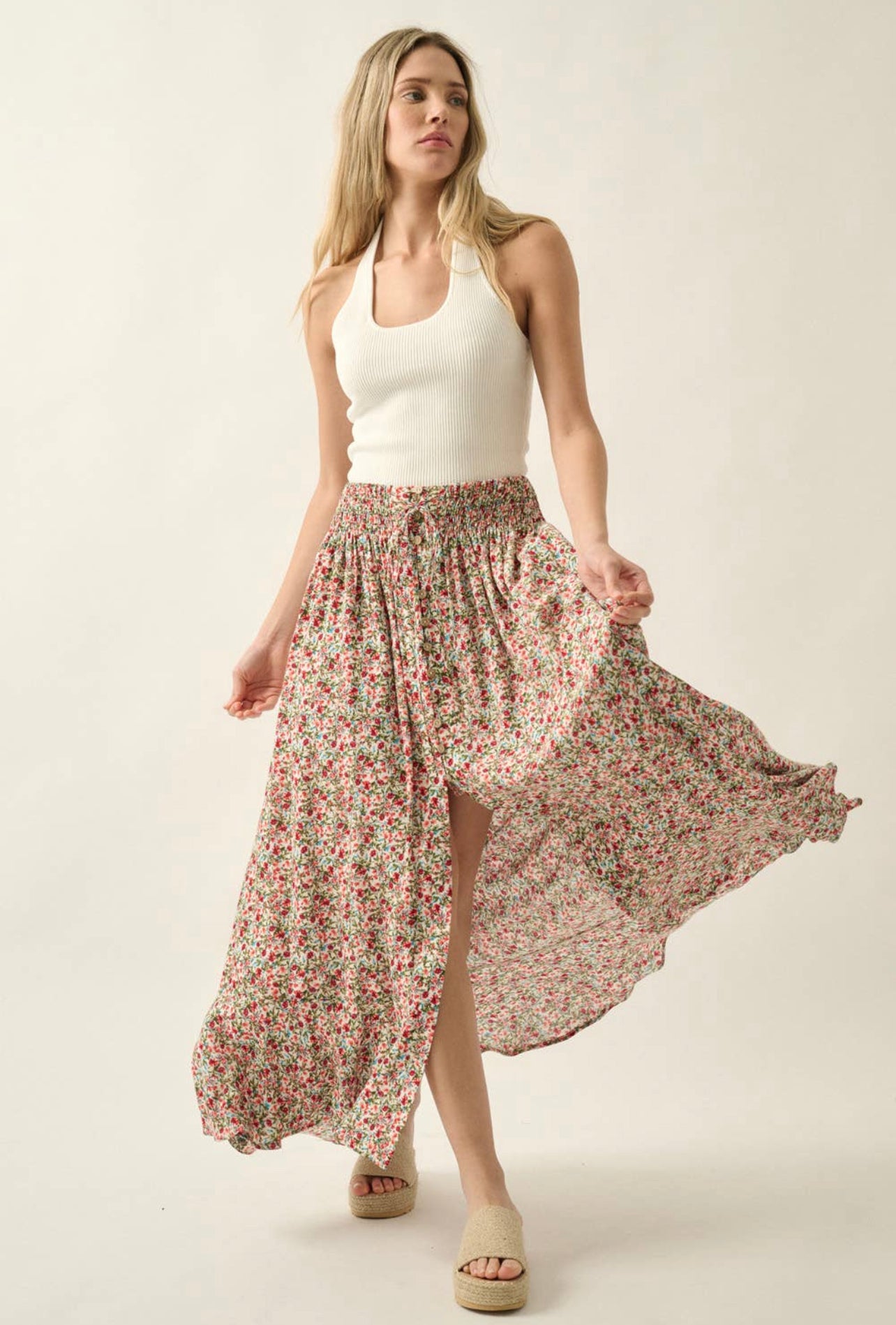 Floral Crepe Ruffle Maxi Skirt